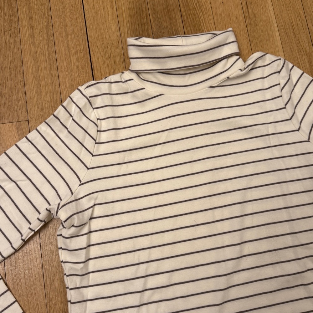Lands' End Shirt Womens Cream Brown Striped Turtleneck Long Sleeve Stretch Sz M - Picture 2 of 7